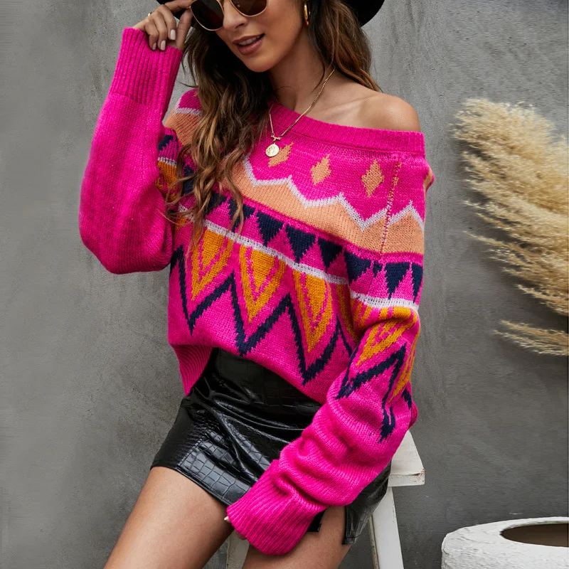 Womens Fluorescent Powder Sweater Spring Autumn Raglan Sleeve Geometric Jacquard Casual Loose Knitted Pullover Tops Jumpers