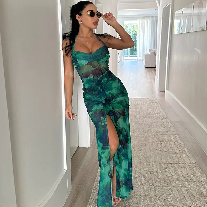 

Leosoxs 2024 Summer Fashion Urban Sexy Women's Dress with Green Printed Open Back Birthday Party Clubwear Elegant Long Dress