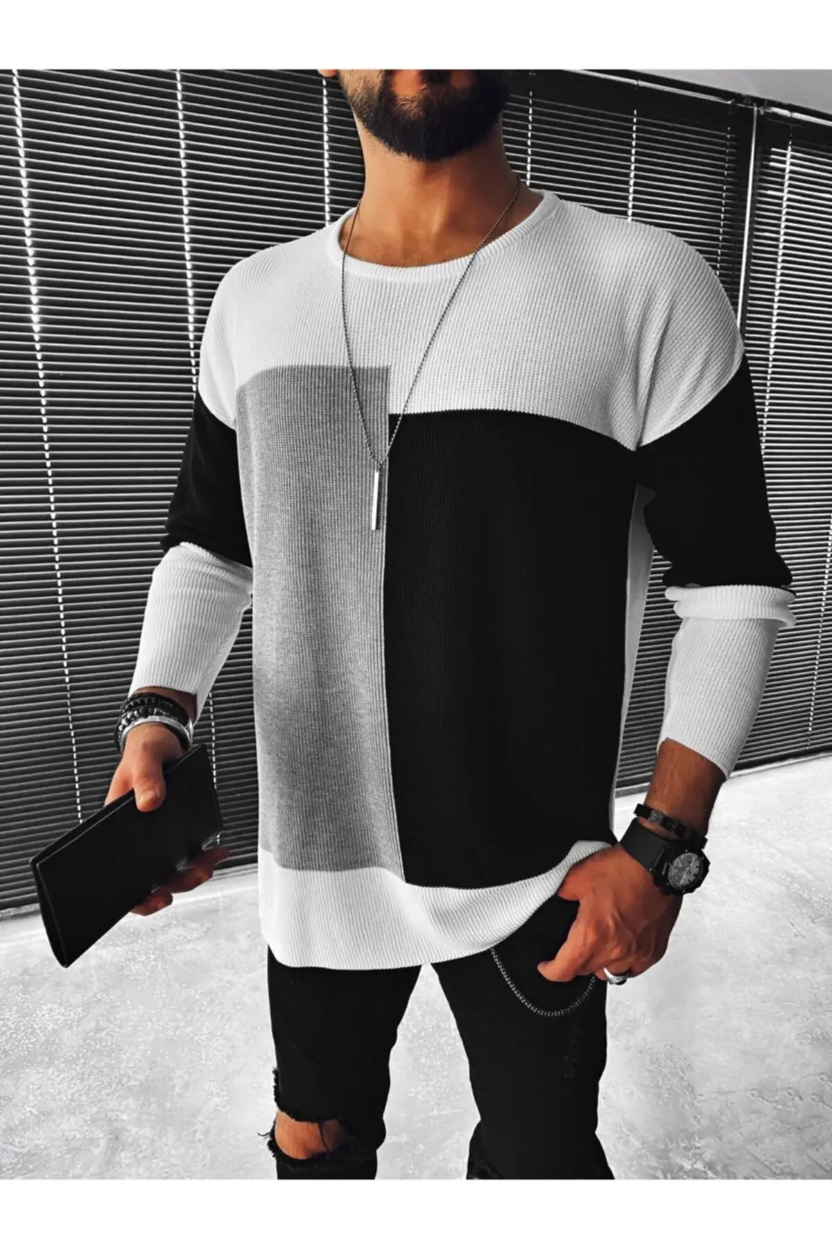 Men\'s Oversize Tri-Color Sweater Gray Black White Pieced New Fashion Winter Autumn Casual Cotton High Quality Style Crew Neck