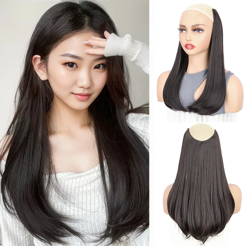 وصلات شعر اصطناعية على شكل حرف V للنساء ، قطعة شعر طويلة مستقيمة ، نمط مشبك داخلي ، أسود ، بني ، 4 مقاطع ، 18"