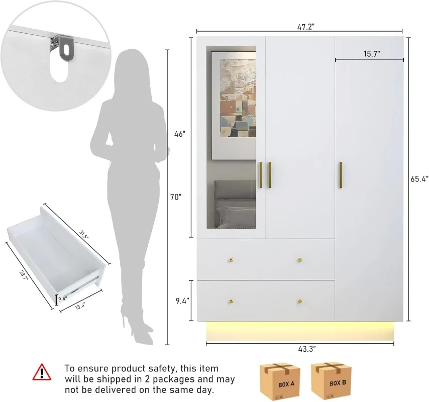 3 Door Wardrobe Closet with Mirror & LED Lights Bedroom Armoire with Drawers & Shelves Modern Wooden Wardrobe Closet