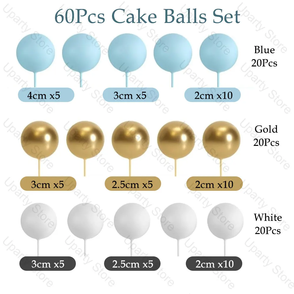 60Pcs Blue Balls Cake Toppers 2-4cm Metal Gold White Baby Blue Cake Balls for Happy Birthday Baby Shower Wedding Cake Decor Favo