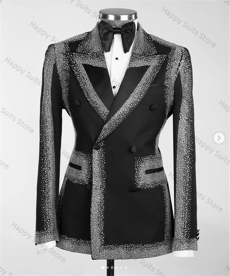 

Groom Men Suit Pants Set 2 Piece Crystals Blazer+Trousers Customized Formal Office Business Jacket Prom Wedding Tuxedo Coat