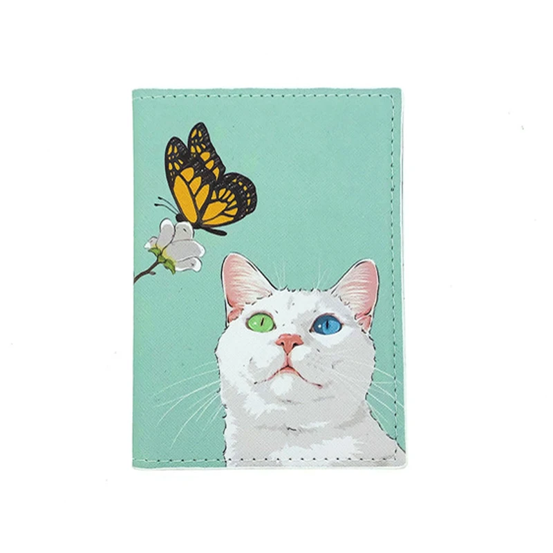 Cute Cat Pattern Passport Holder Overseas Travel Accessories Leather Passport Wallet Women ID Card Credit Card Passport Cover