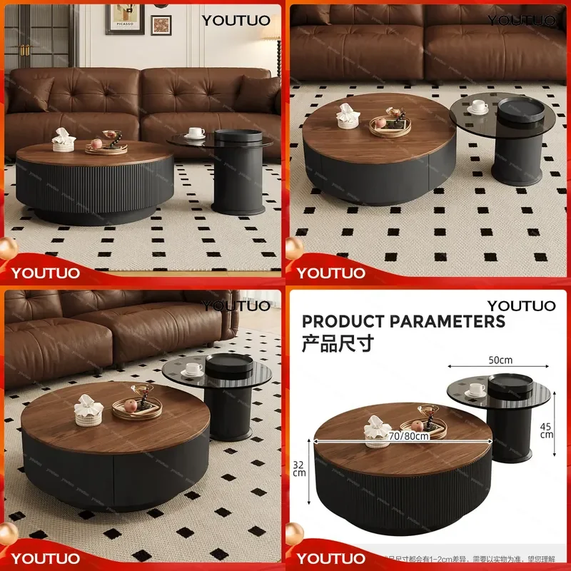  Medieval Walnut Pattern Round Coffee Table Set Living Room Light Luxury Storage Glass Top Solid Wood Edge Home Furniture