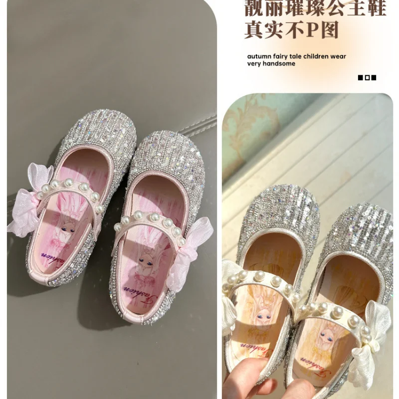 2025Girls Spring and Autumn New Princess Bowknot Pearl Sequins Soft Bottom Crystal Shoes