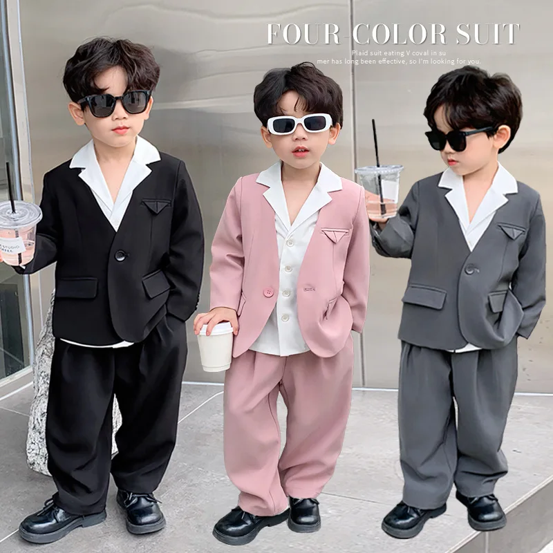 Boys Suit Solid Casual Kids Birthday Costumes Grey 2 Pcs Children's Performance Clothes Set Infant Wedding Formal 2 To 12 Years