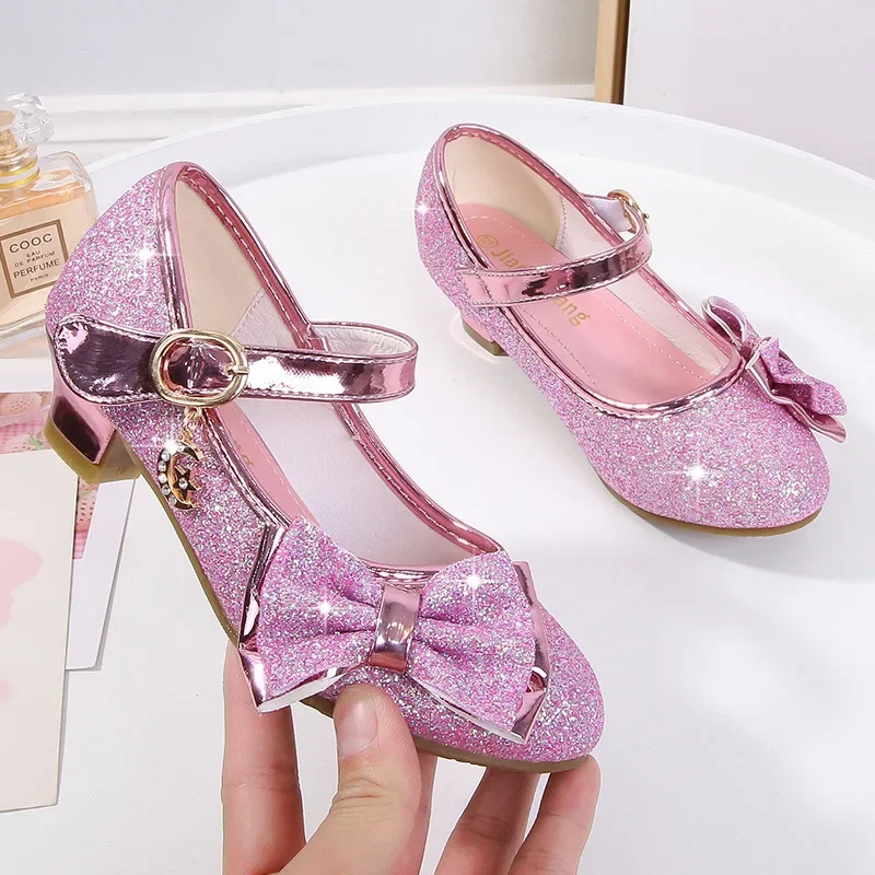 2024 Kids Leather Shoes Girls Wedding Dress Shoes Fashion Brand Designer Princess Bowtie Dance Shoes Children High-heeled