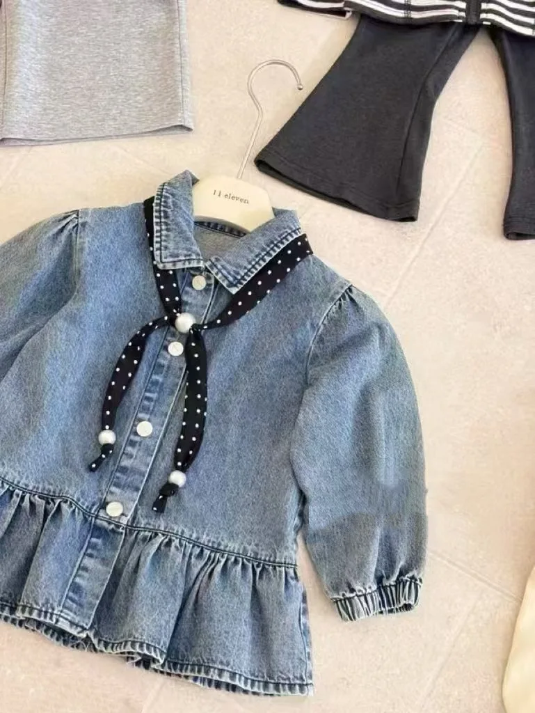 Girls Dress 2026 Autumn and Winter New Children's Clothing Korean Style Girl Baby Polka Dot Belt Long Sleeve Cowboy Dress