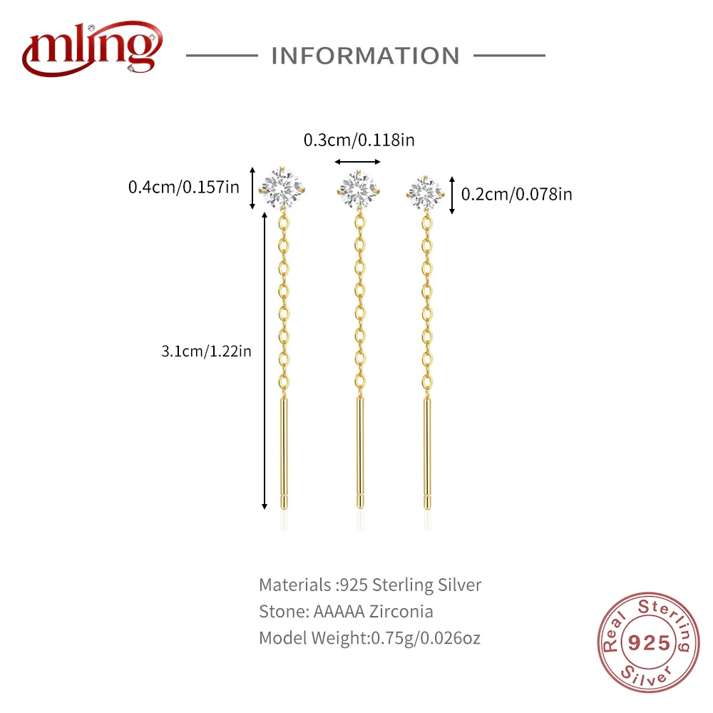 

MLING 3PCS 2/3/4mm Four-claw CZ 925 Sterling Silver Tassel Long Chain Earring For Women Ins 18K Gold Plated Earring Jewelry Gift