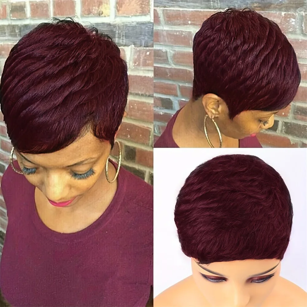 

short straight layered 99j color pixie cut human hair remy hair 4inch 150% density machine made human hair wigs for women