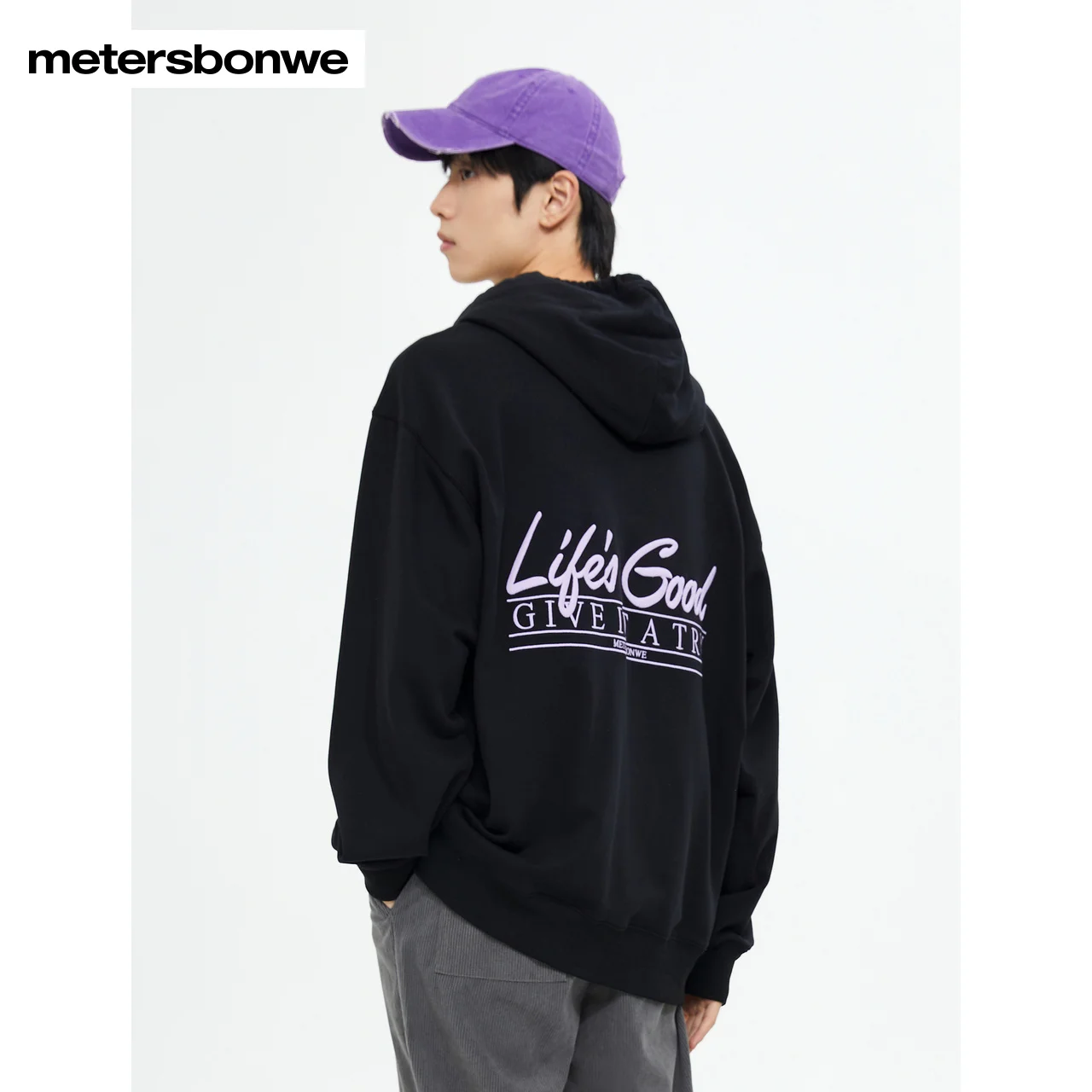 Metersbonwe-Men's Front and Back Embroidery Classic Hoodie Loose Hooded Knitted Pullover Bright Young Casual Spring Autumn