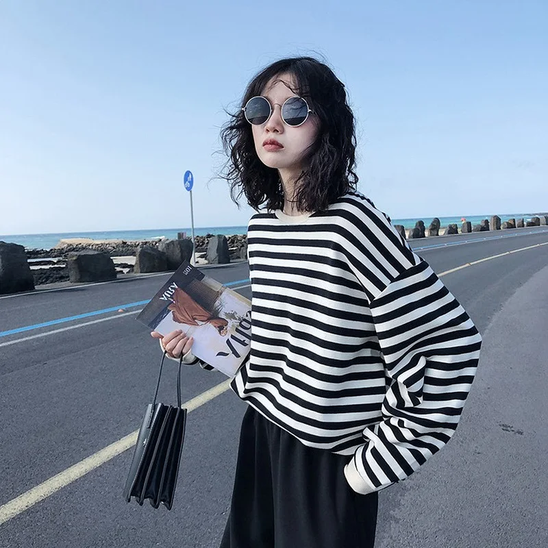 2023 Spring Women Harajuku Gothic stripe cotton Hoodie Clothes  long sleeve loose Kawaii Korean thin Sweatshirt kpop Tops