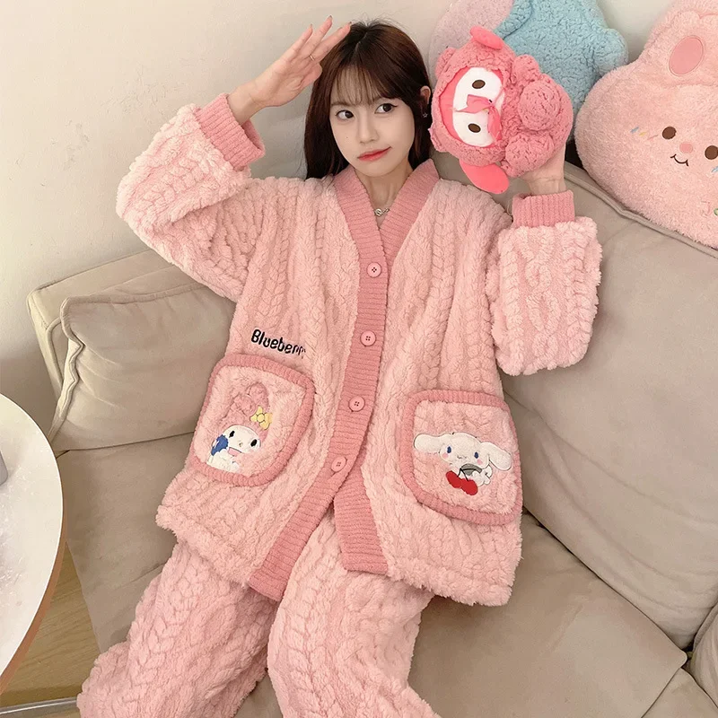 Cinnamoroll Winter Plush Pajama Suit Sanrio Anime Cute Kuromi My Melody Coral Velvet Thickened Women Nightwear Cartoon Homewear