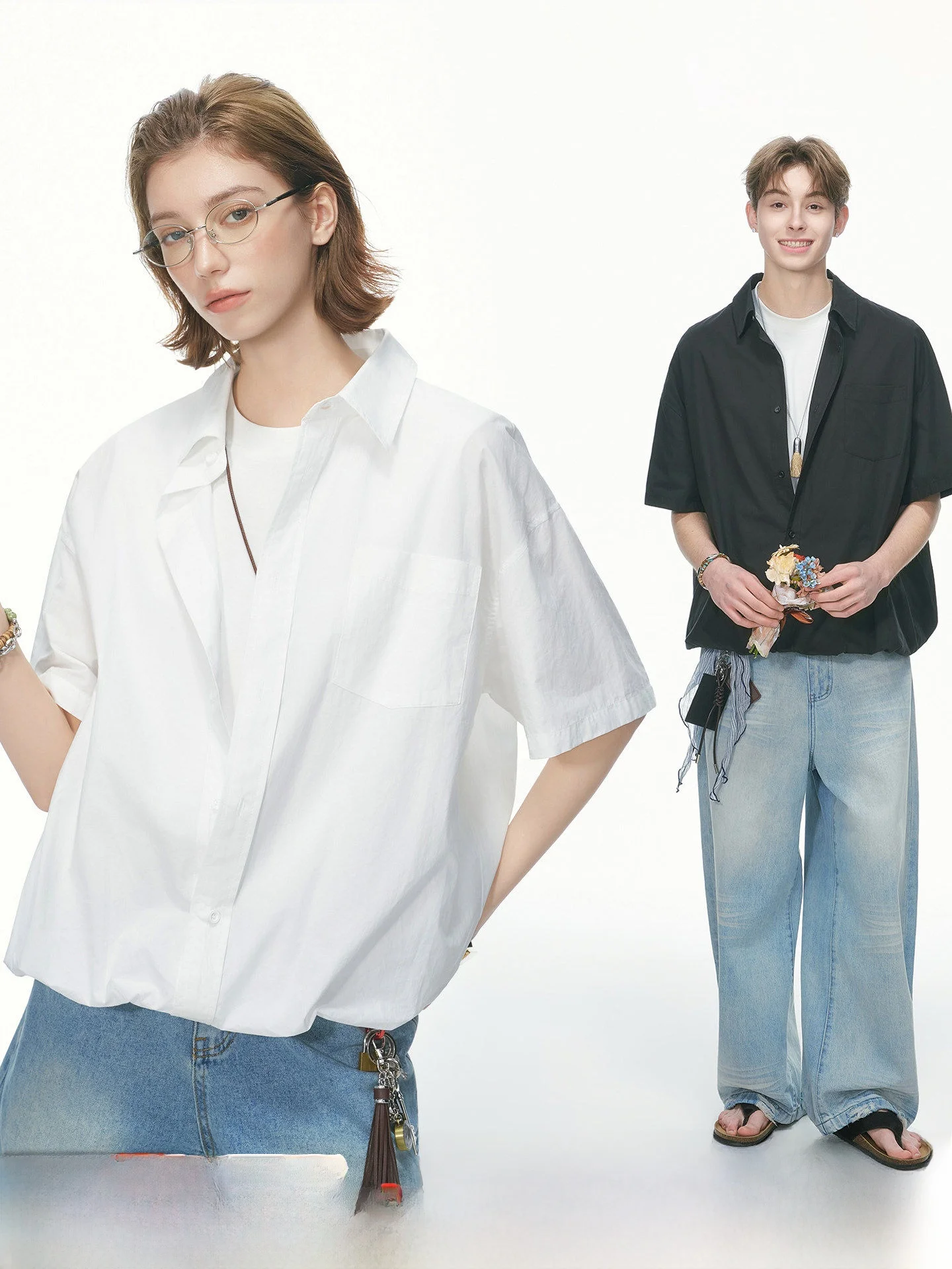 Minimalist Couple White Shirt Loose Fit Short Sleeve Men's Women's Floral Print Two-Piece Mock Jacket Breathable Cotton Summer