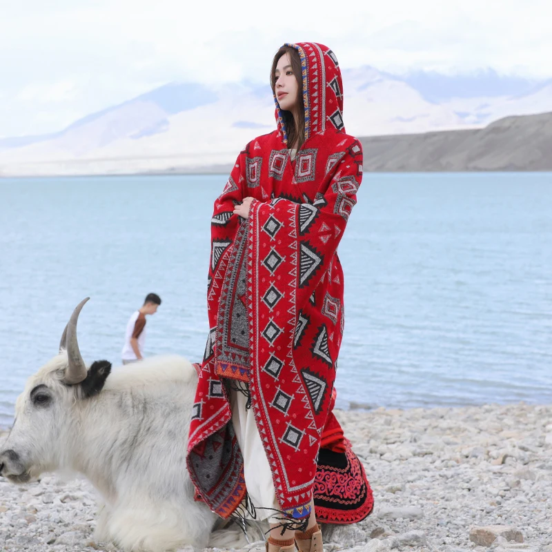 Red Ethnic Sle Hooded Travel Shawl Poncho Northwest Yunnan Xinjiang Tibet Travel Photography Wear Warm