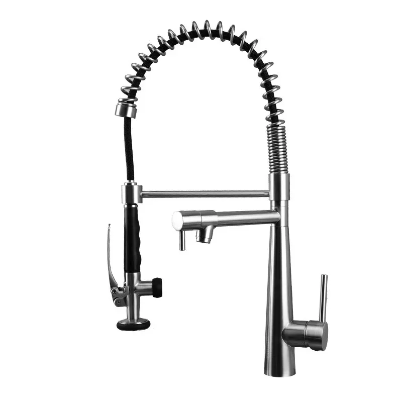 Premium Brushed Nickel Pull-Down Kitchen Faucet with High-Pressure Spray Head Single Hole Brass Retractable Spring Tap Rotatable