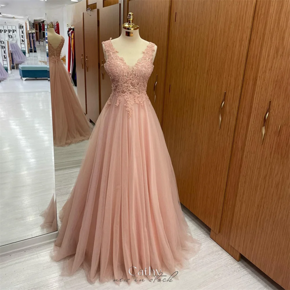 Cathy Pink V-neck Tulle Wedding Dresses Elegant Sleeveless A-line vestidos de noche Floor-length Lace Zip Formal Evening 2024