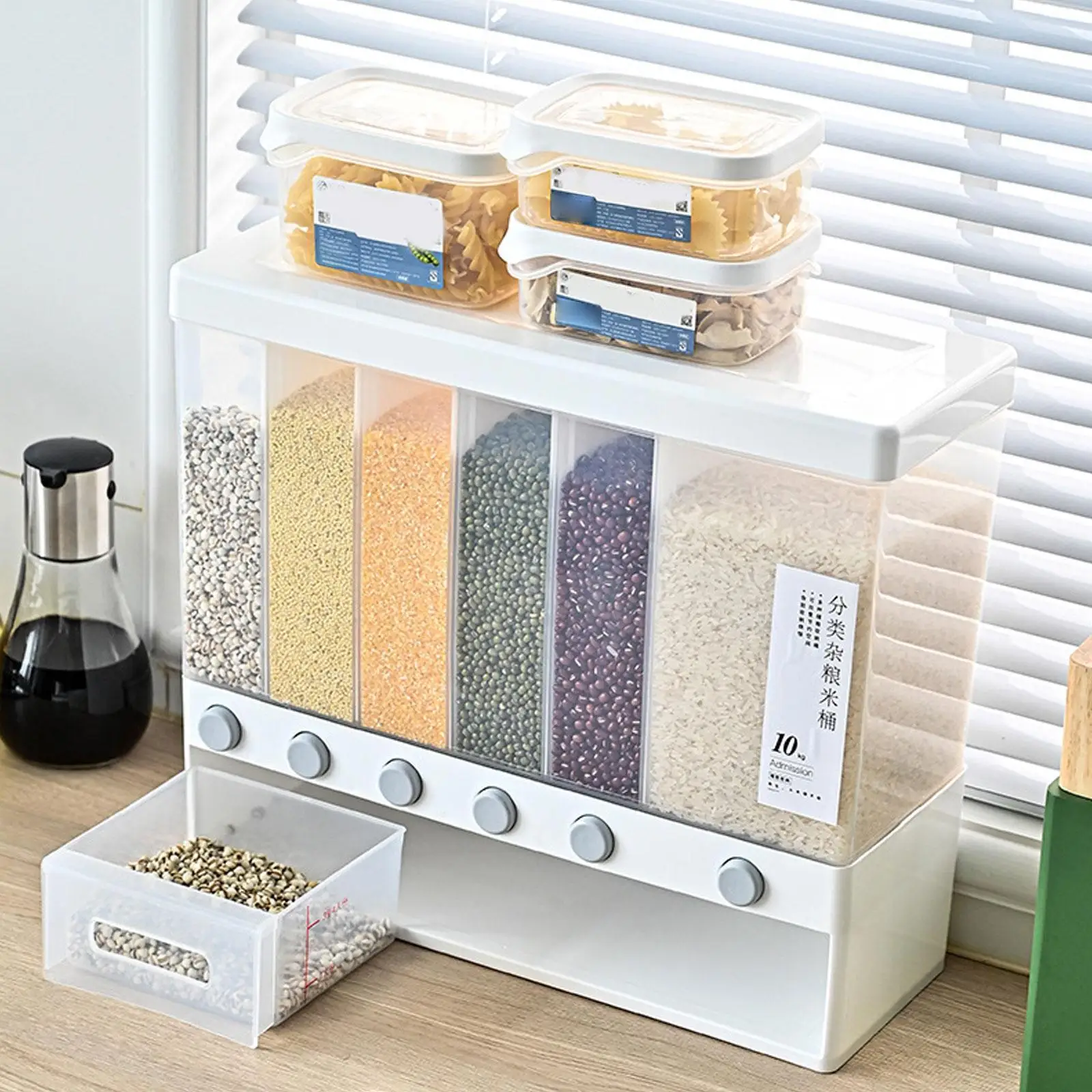 Cereal Dispenser Wall Mount 6 Compartment Large Capacity Transparent Rice Dispenser Machine for Millet Beans Rice Peanut Nuts