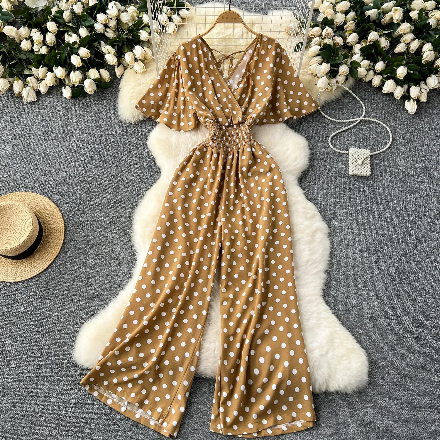 New Summer Polka Dot Romper Women Elegant V-Neck Short Sleeve High Waist Jumpsuit Female Loose Wide Leg Playsuits Fashion