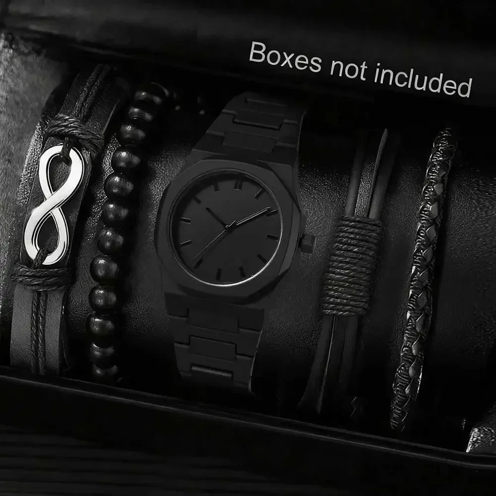 Retro dark style men's steel strap watch multi style handmade bracelet jewelry gift set