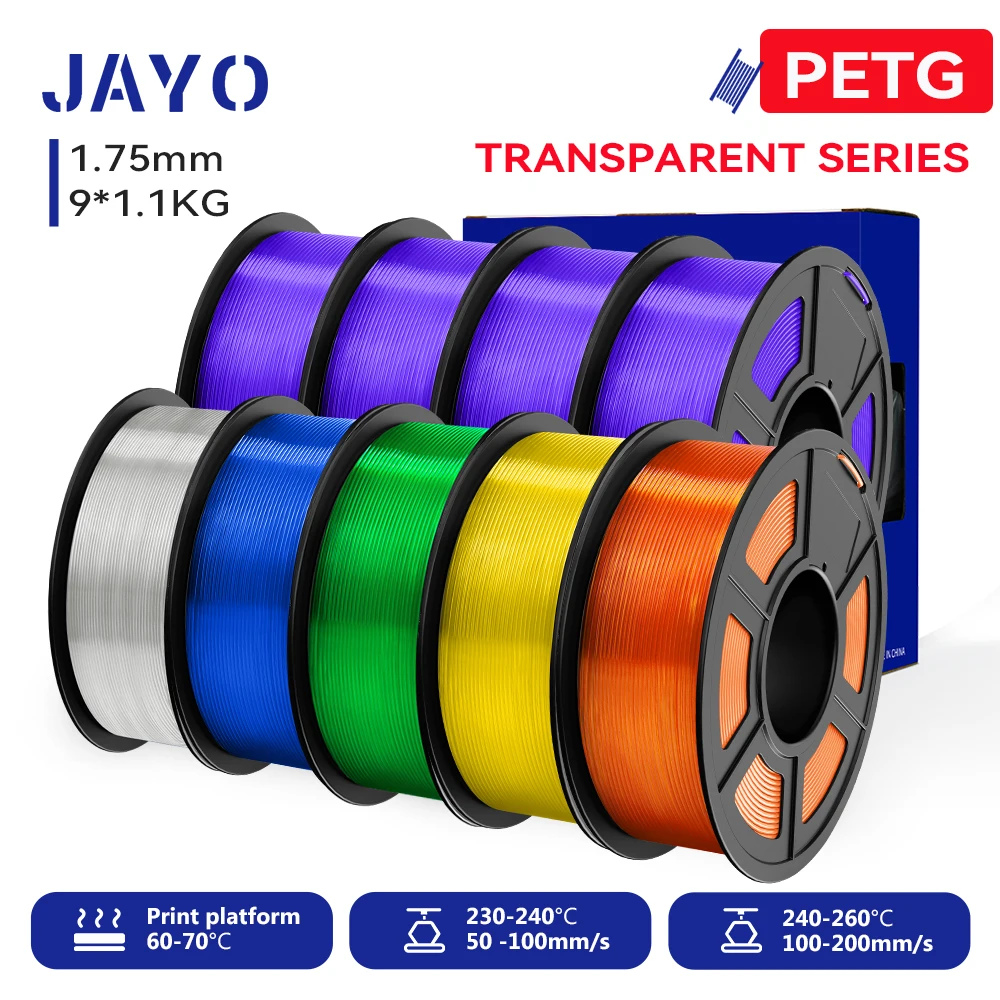 JAYO 3D PETG/PETG Helder 3D-printerfilament 1,75 ±0,02 mm 4/9 rollen Hoge taaiheid Netjes gewikkeld filament Geschikt voor de meeste FDM-printers