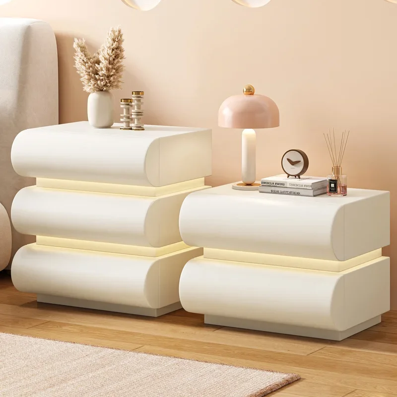 Meja samping tempat tidur kayu solid warna krem minimalis, gaya selebgram minimalis modern