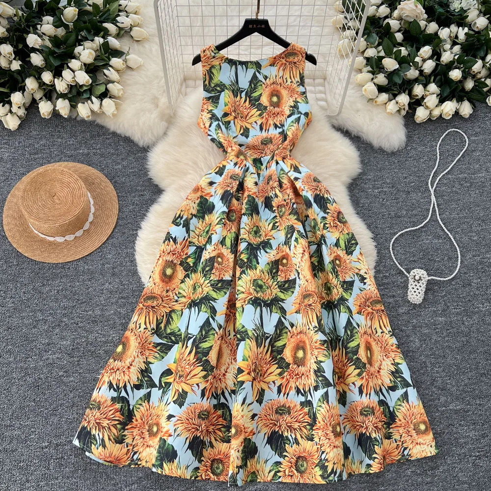 High Quality Sunflower Print Sleeveless Vest Long Dress Elegant Flower Jacquard Draped Slim Ball Gown Party Dress for Women