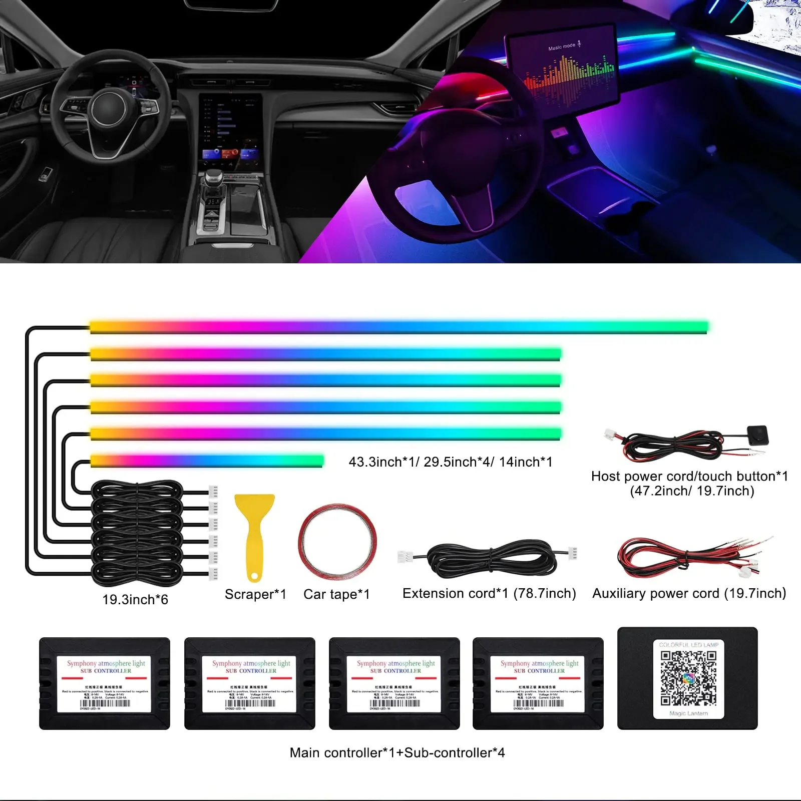 10 in 1 64 Color RGB Symphony Car Ambient Light Interior Acrylic Guide LED Strip Light Decoration Atmosphere Lamp by APP Control
