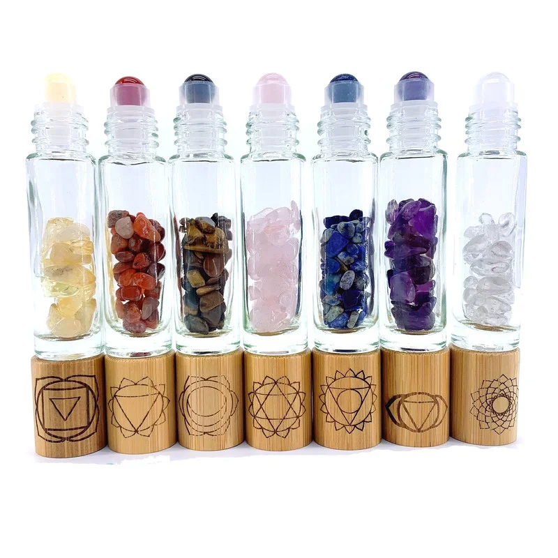 Chakra Stones Reiki Healing Crystal Roller Bottle with Engraved Chakra Symbols Bamboo Cap Balancing Stones 7 pcs P305