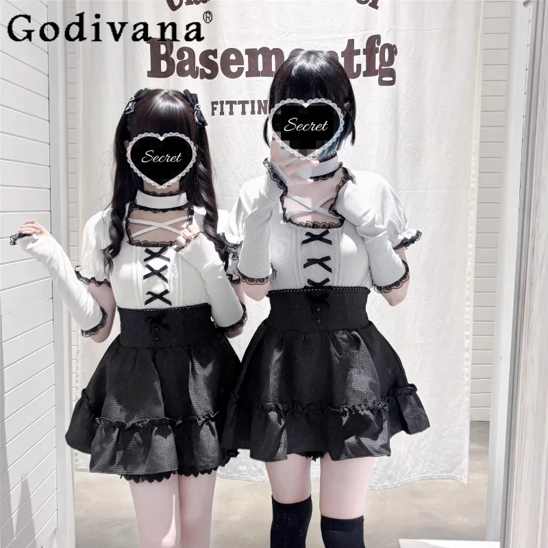 

Japanese Mine Mass-Produced Short-Sleeve Shirt Mini Skirt 2-Piece Set Girls Sweet Cute Bow Lolita Shirt with Patchwork Sleeves