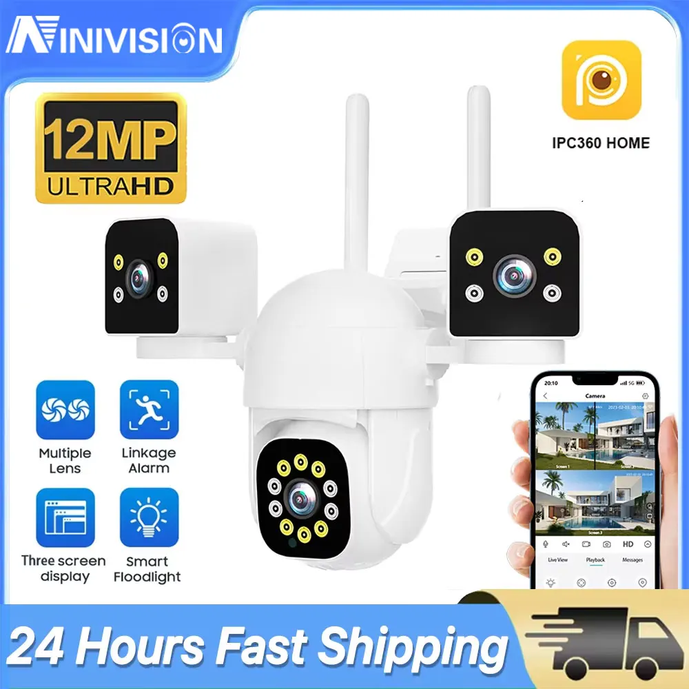 

Уличная Wi-Fi камера видеонаблюдения 6K 12 МП с 3 объективами, 3 экранами, ИИ-отслеживанием движения, PTZ, записью видео 4K, IPC360 Home