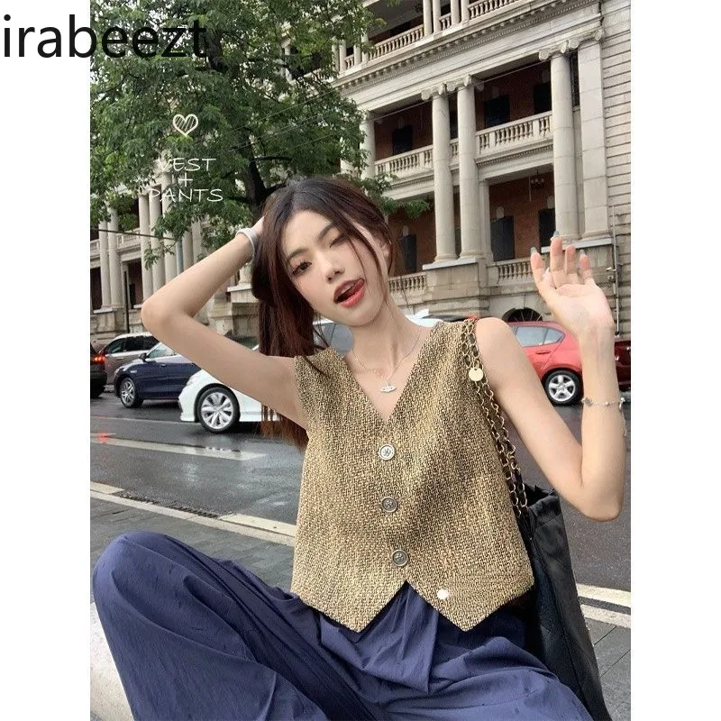 

Irabeezt Sexy Women's Vest Small Fragrant Style Sleeveless V-neck Vest Short Tanks Hip Hop Hot Girls Vests 2023 Chic Crop Top