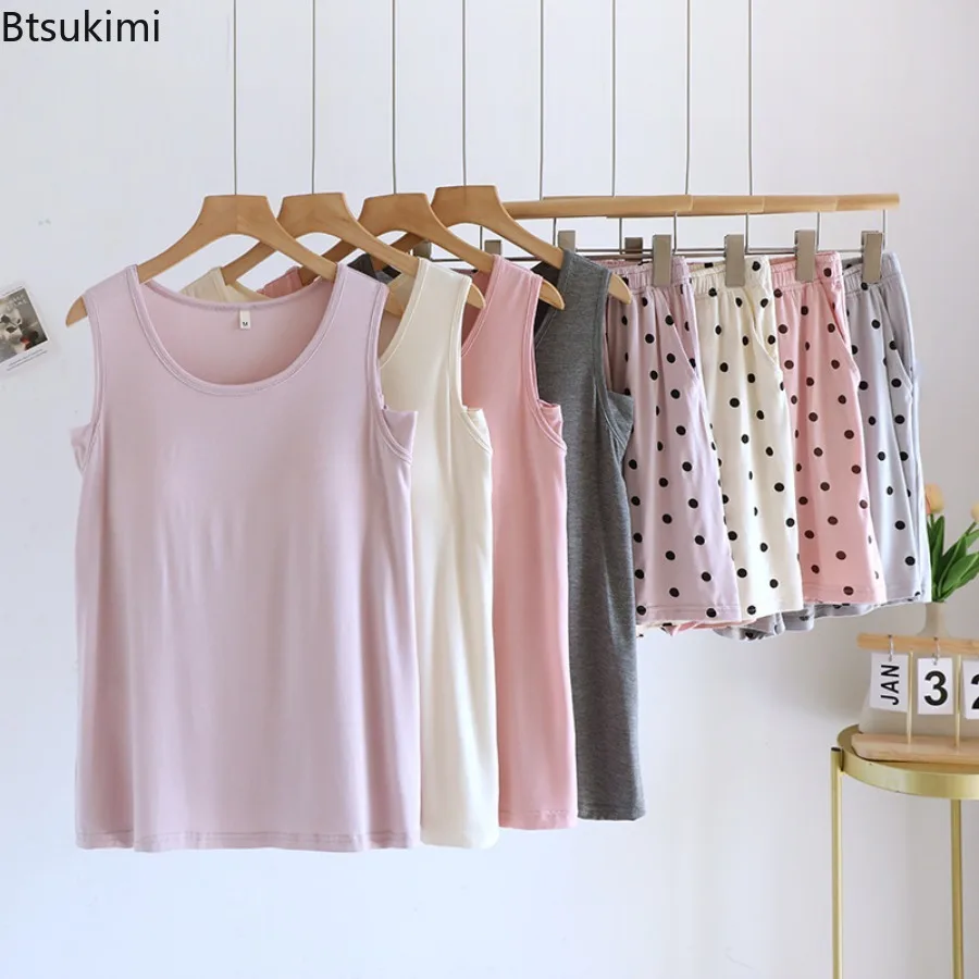 

2025 Summer Women's Polka Dot Pajamas Set Sleeveless Short Pants Ladies Home Clothes Can Wear Out Sleepwear with Chest Cushion