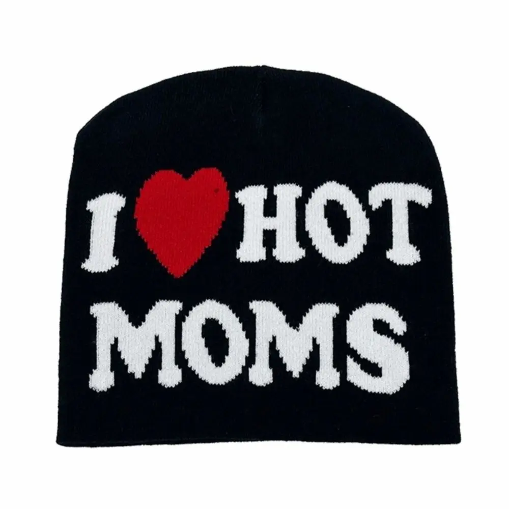 Fashion I Love Hot Moms/dads Printed Knitted Hats Cold Proof Casual Beanie Caps Windproof Pullover Hat Unisex