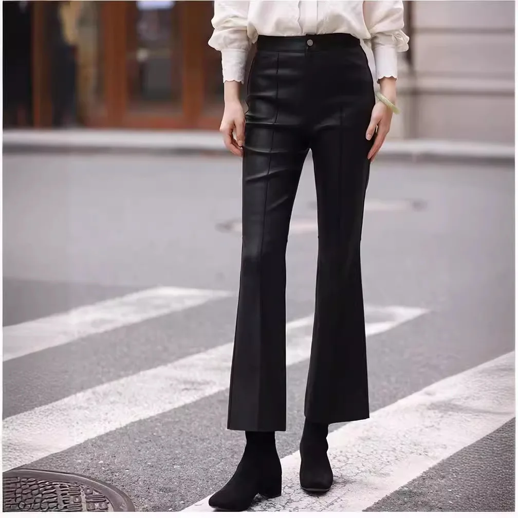 Genuine leather pants~2024 Spring and Autumn Fashion New Style~Sheepskin high elasticity vertical reduction slimming modern bell