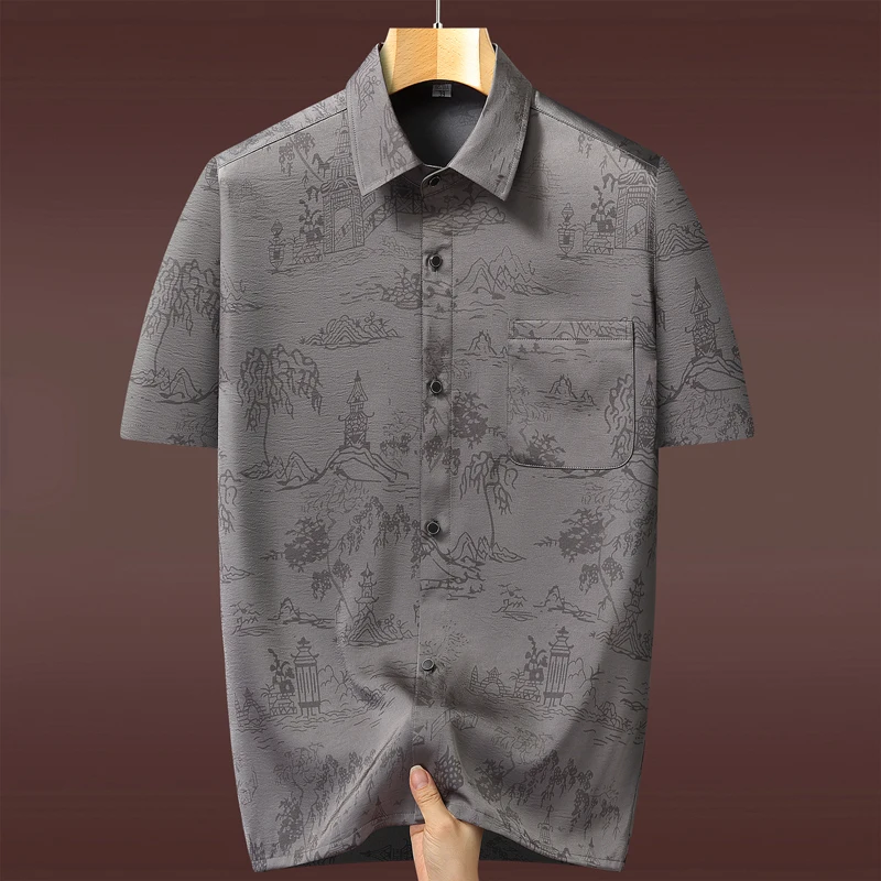 Men's Chinese Style Short-Sleeve Shirt + Pants Set with Landscape Print Men Traditional casual Sportswear with Drawstring Pants