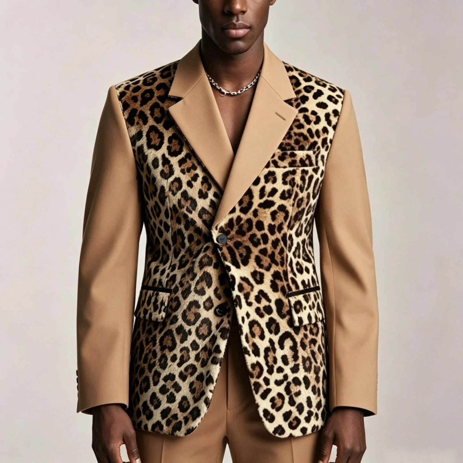 Khaki Leopard Print Patchwork Men Blazer Single Breasted Notch Lapel Slim Fit Tuxedo Wedding Party Club Stage Prom Customized