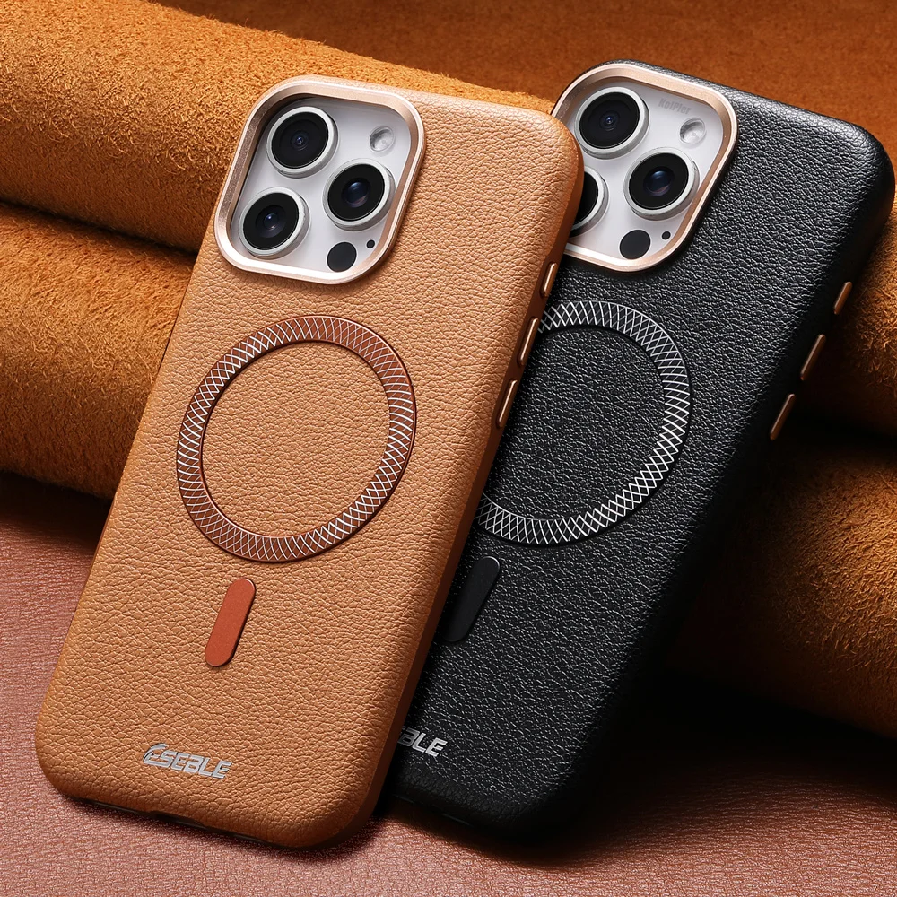 

Роскошный кожаный чехол с беспроводной зарядкой для iPhone 16, 15, 14, 13 PRO MAX 17, тонкий магнитный чехол с рисунком личи, металлическая защита линз