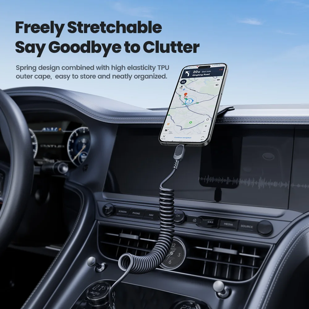 Toocki 100W 6A Spring Fast Charging Cable USB Type C Fast Charging Data Cord PD27W C-L/A-L Car Charger Cable For Iphone 16