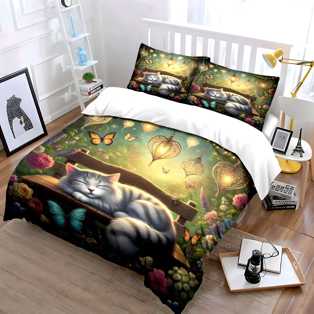 Dreamy garden cat napping Printed Duvet Cover Set 1 Duvet Cover+2 Pillowcase Multi Size Bedroom Bedding Decor Machine Washable