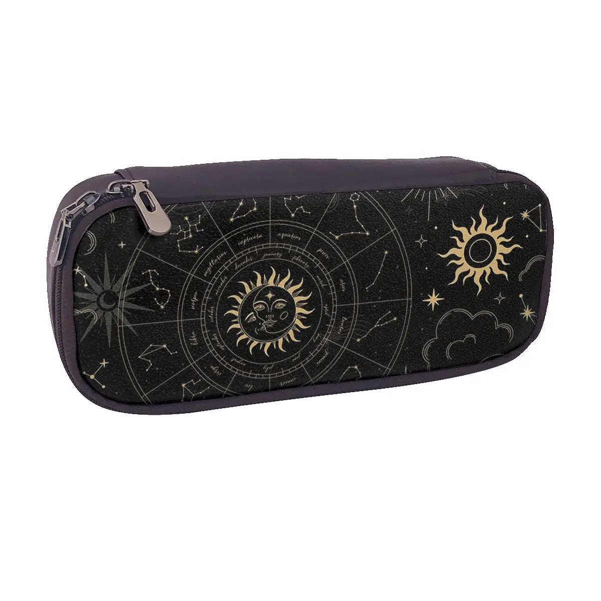 Night Sky Golden Celestial Stars Zodiac Constellations Leather Pencil Case for Students School Pen Box Pencil Bag Pen Holder Bag