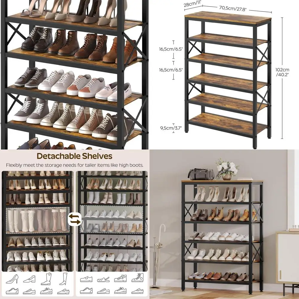 

6-Tier Wooden Shoe Rack Organizer, Holds 24 Pairs, X-Shaped Metal Support, for Entryway & Bedroom, Rustic Brown & Black