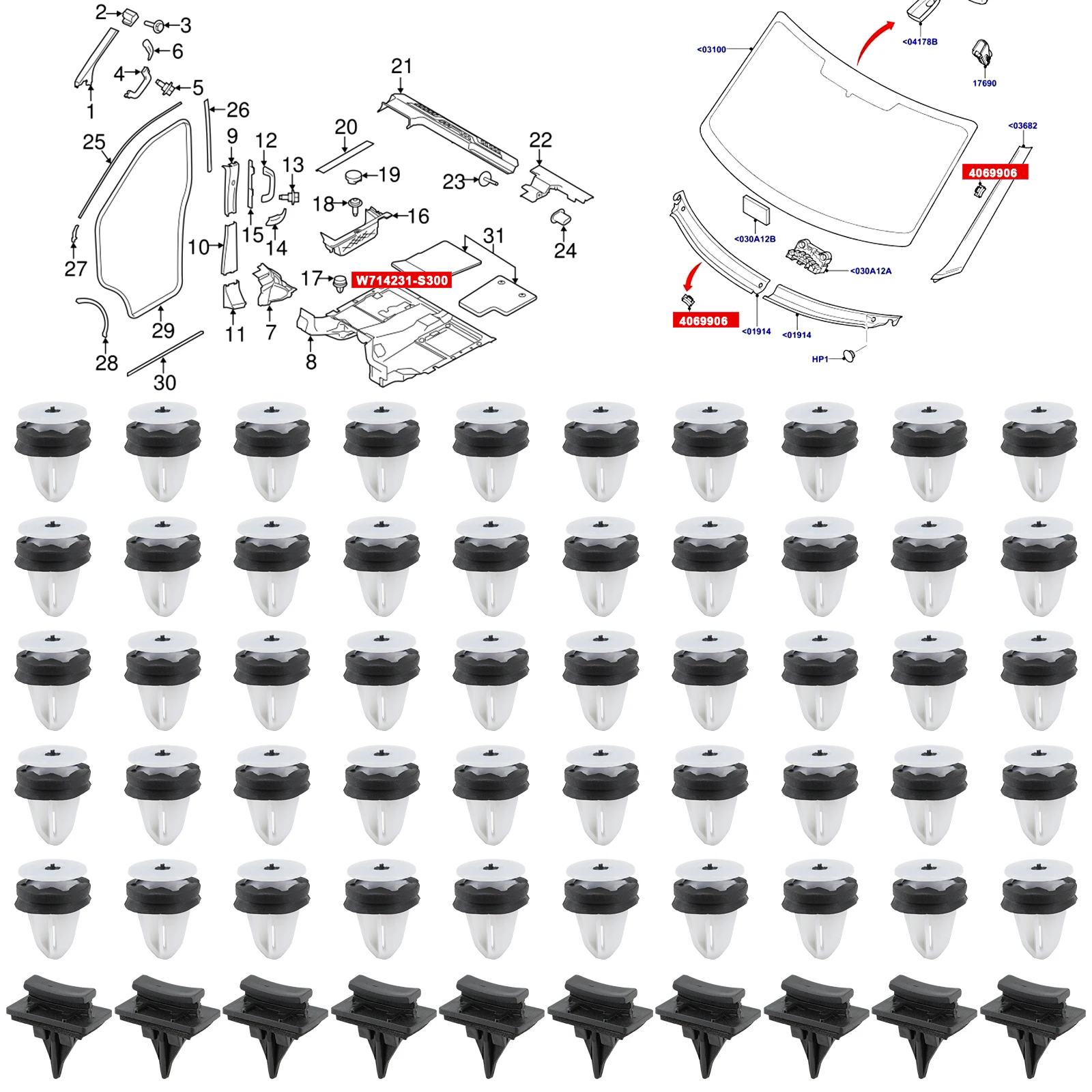 60pcs Windshield Plates Clamp For FORD TRANSIT MK6 MK7 Front Windscreen Side Trim Clips Moulding Rivet Clip 4069906 4069907