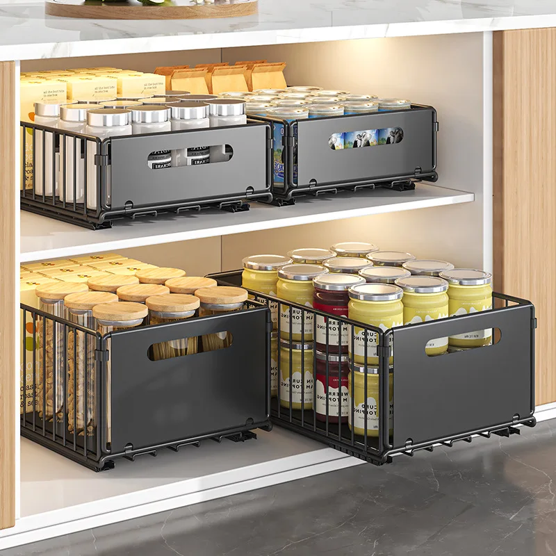 Kitchen shelf, pull-out basket under sink in cabinet, single-layer storage box, slide rail, drawer, layered seasoning rack