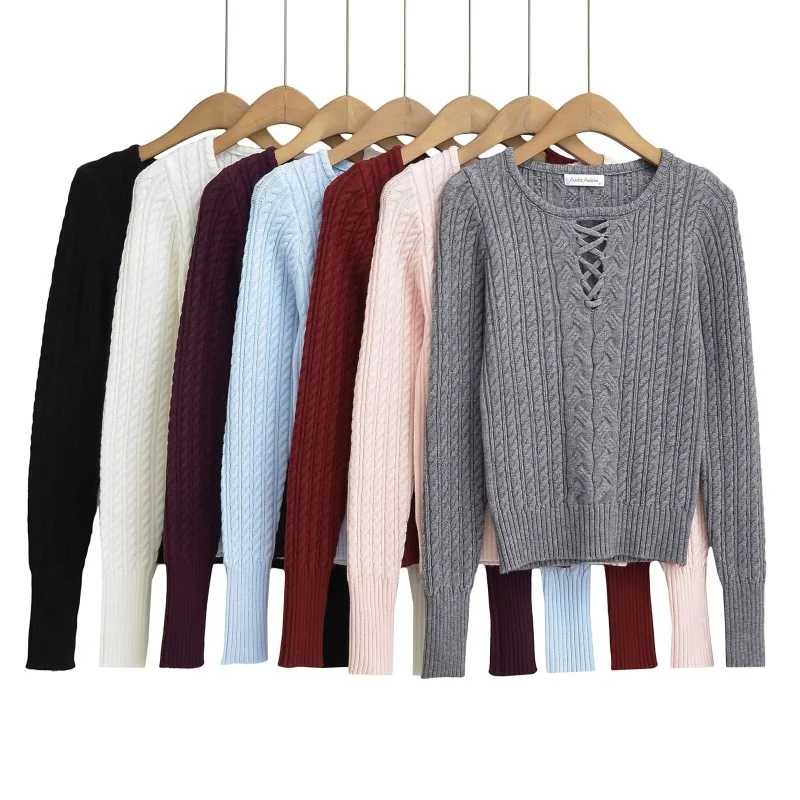 

Retro Knitted Spiral Sweater Slim Fit Long Sve round Ne Tie Waist Women's Online Exclusive Knitwear Winter Collection