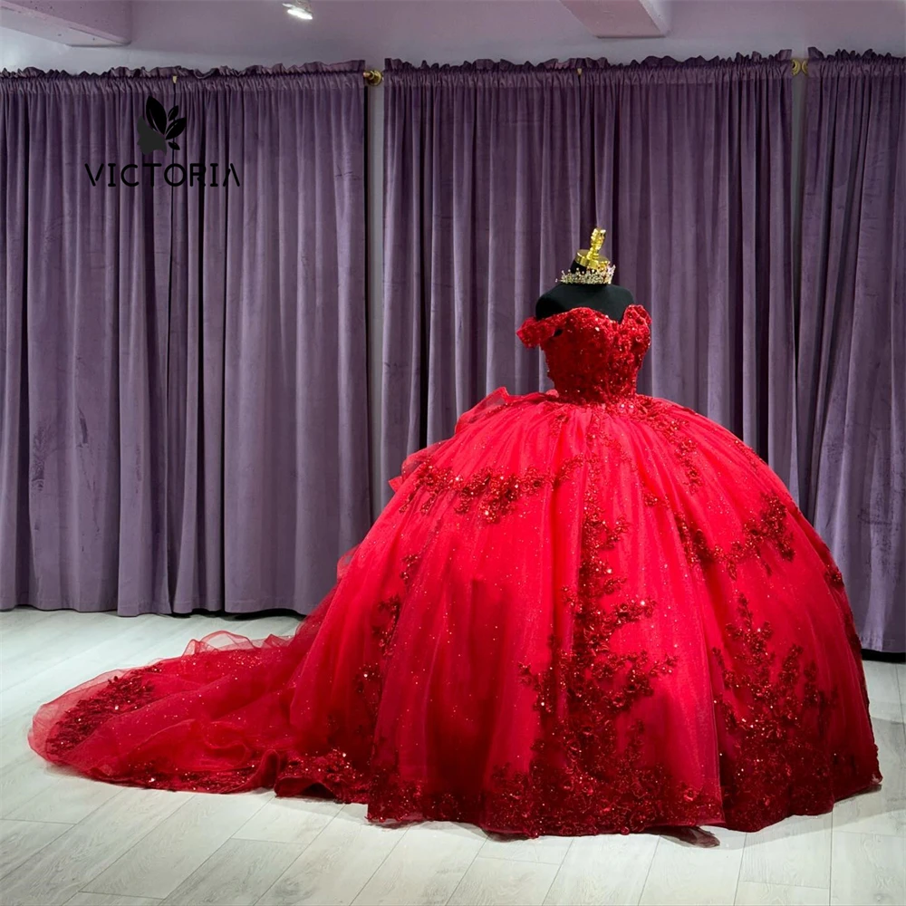 Vestidos de Quinceañera de encaje rojo brillante impecable, vestido de baile sin hombros, dulce vestido de dieciséis, vestidos de novia