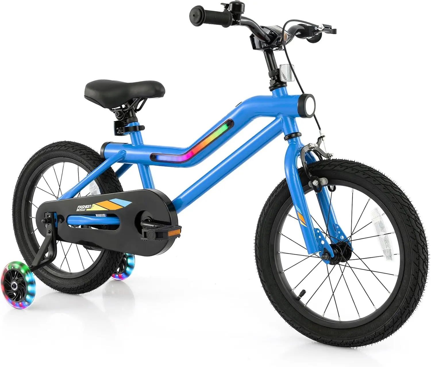 Bicicletta per bambini illuminata, bicicletta per bambini da 16 18 pollici con telaio illuminato a LED a 7 modalità, faro, ruote per addestramento flash, doppio freno, 95%