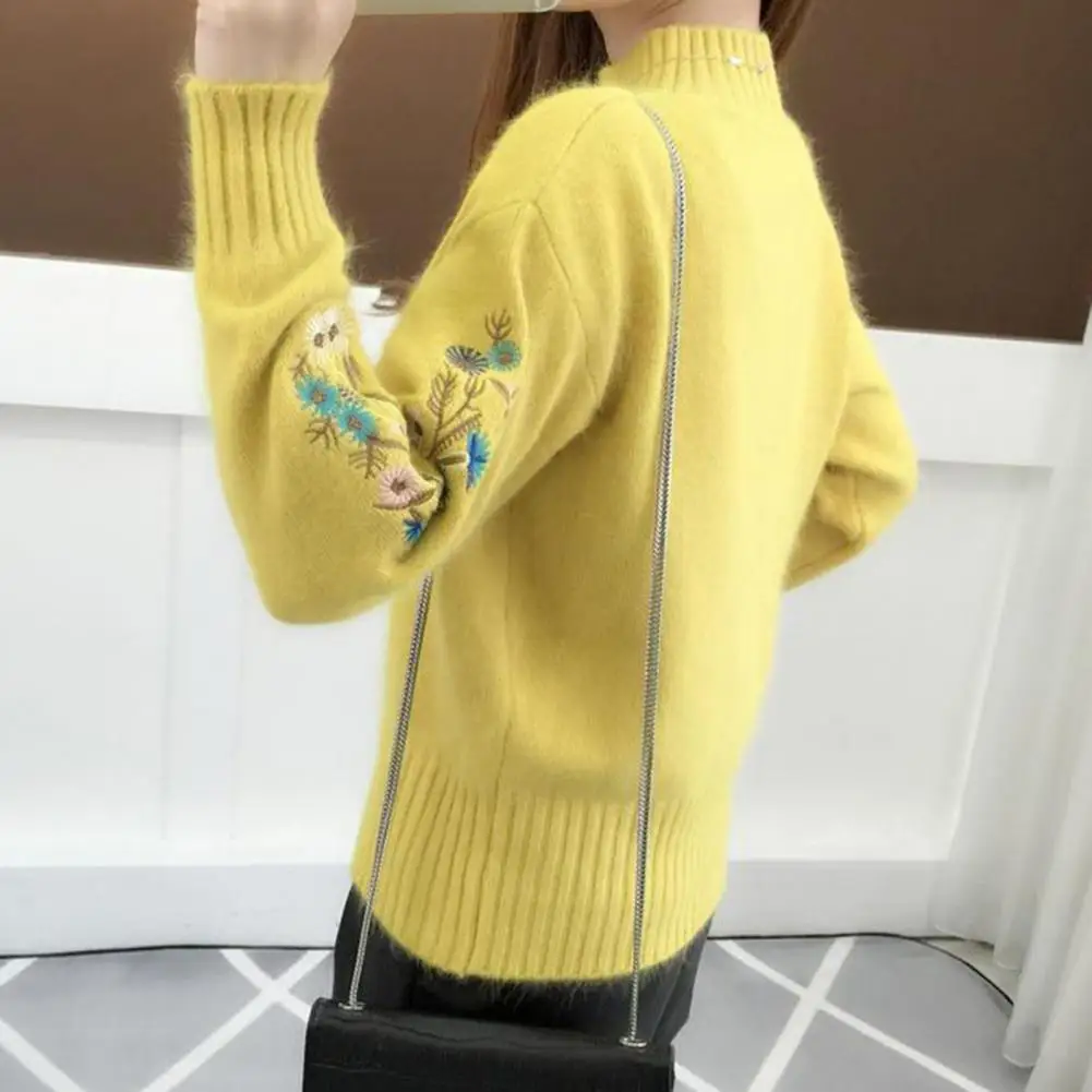 Lady Pullover Sweater  Long Sleeve   Knitted Sweater Flower Pattern Stretch Pullover Sweater