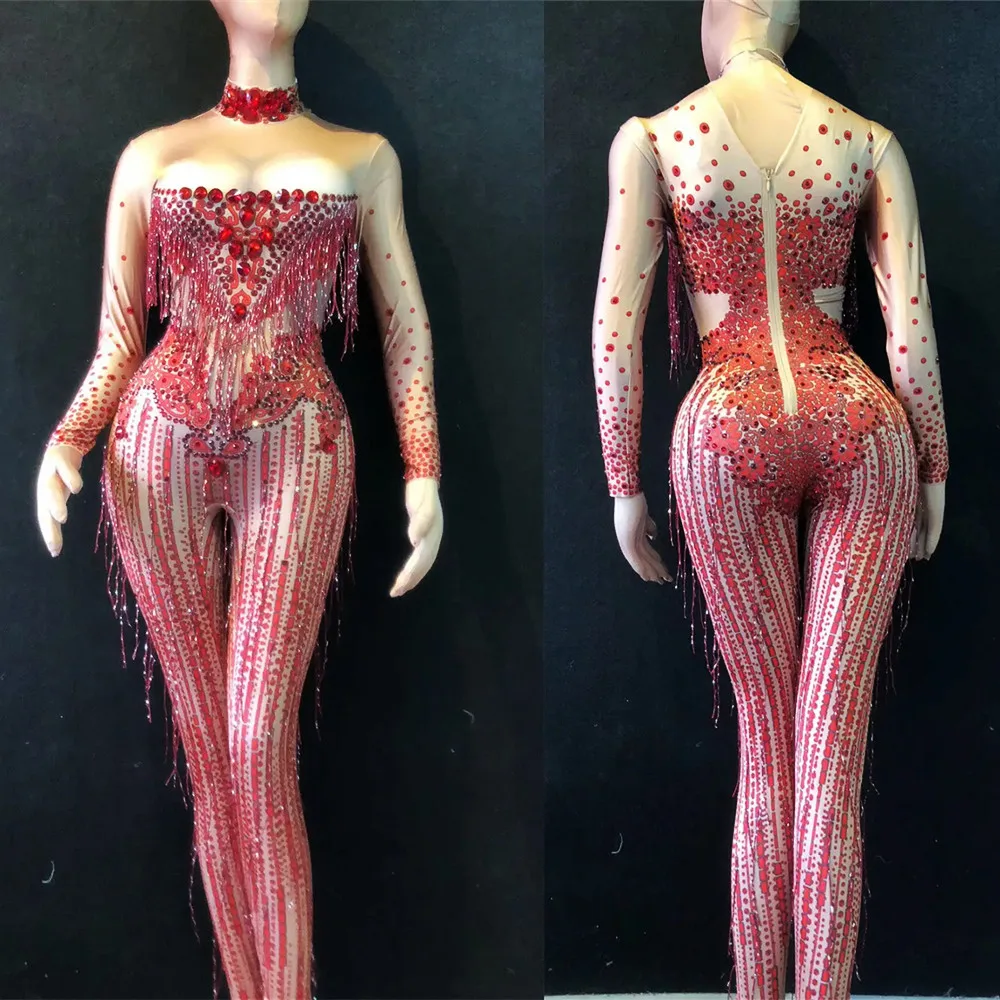 

Sparkly Red Rhinestones Fringe Jumpsuit Nightclub Party Birthday Dance Costume Women Dancer Singer Performance Stage Costume